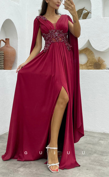 G3496 - Classic & Timeless A-Line V-Neck Straps Beaded Side Slit Floor-Length Ballgown Prom Dress