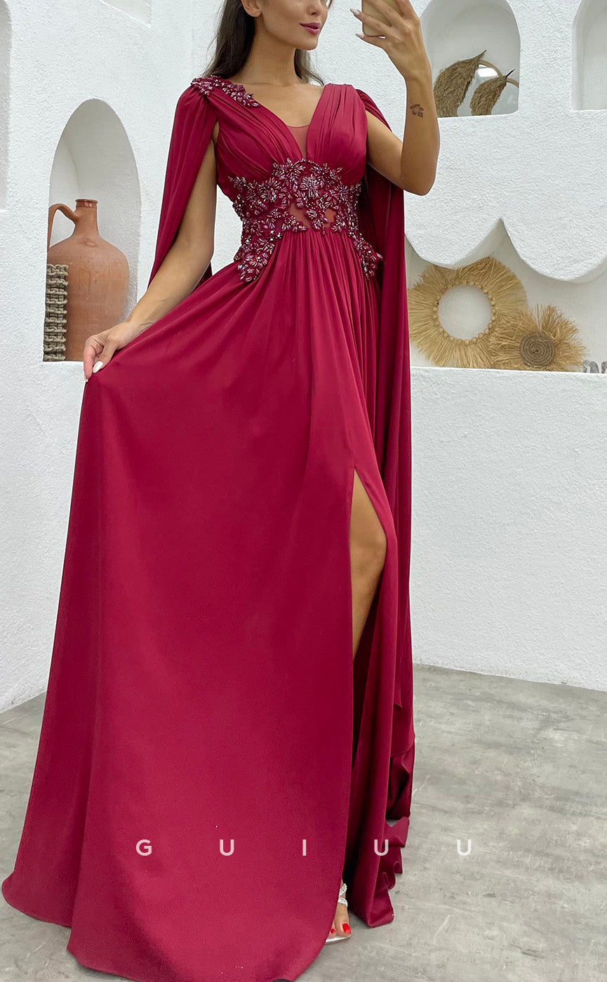 G3496 - Classic & Timeless A-Line V-Neck Straps Beaded Side Slit Floor-Length Ballgown Prom Dress