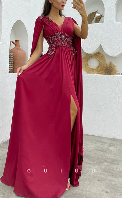 G3496 - Classic & Timeless A-Line V-Neck Straps Beaded Side Slit Floor-Length Ballgown Prom Dress