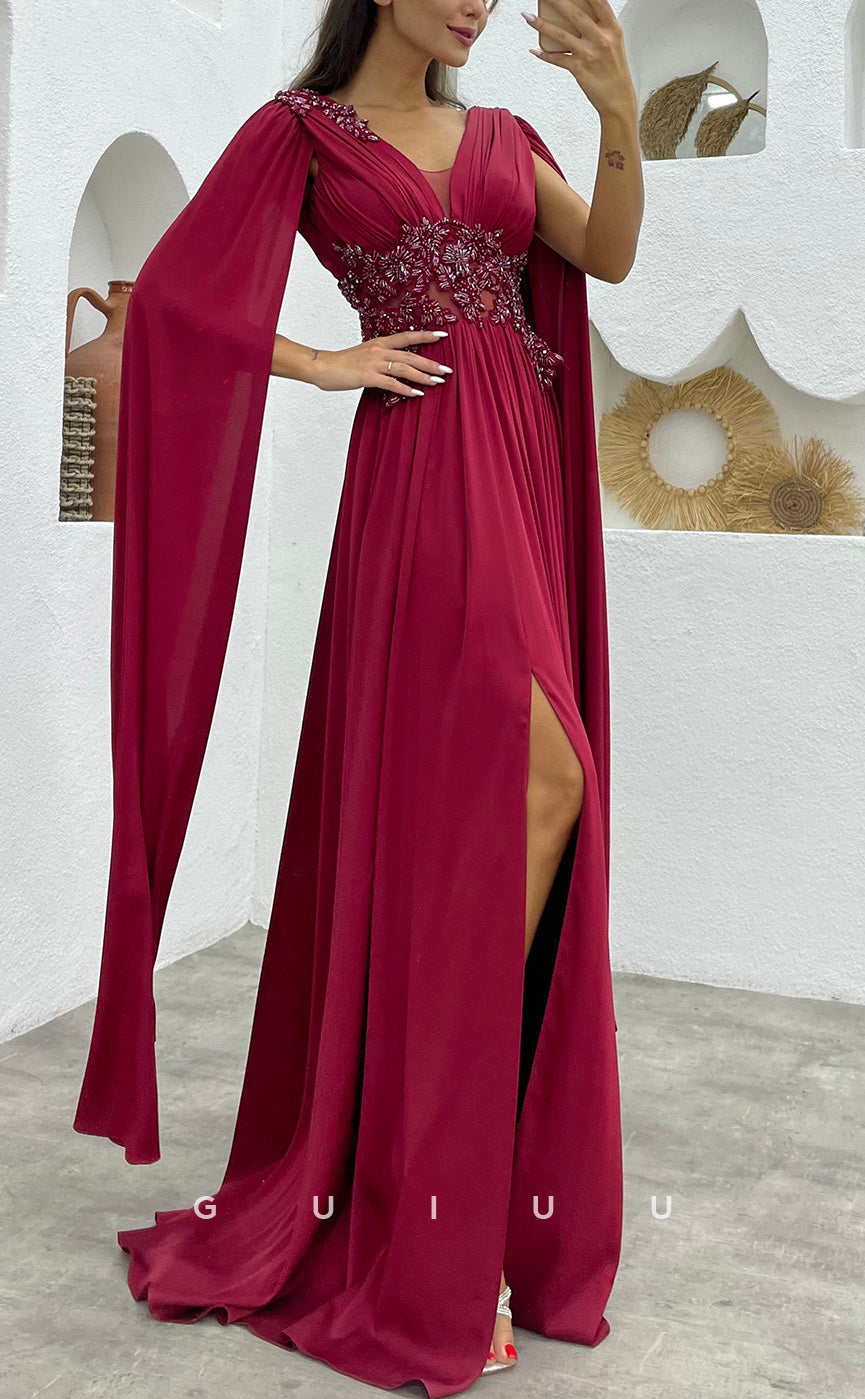 G3496 - Classic & Timeless A-Line V-Neck Straps Beaded Side Slit Floor-Length Ballgown Prom Dress