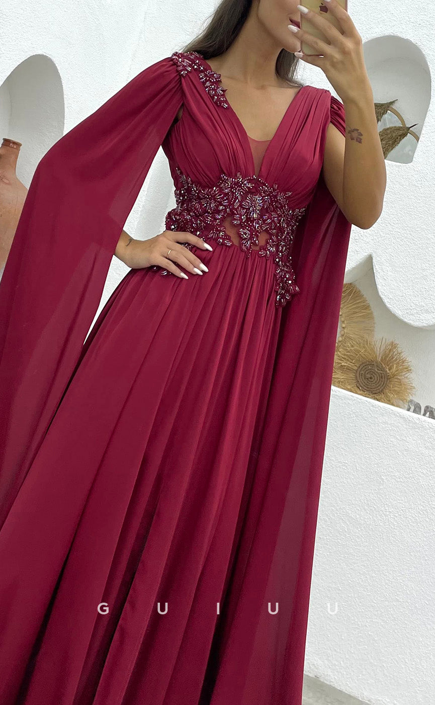 G3496 - Classic & Timeless A-Line V-Neck Straps Beaded Side Slit Floor-Length Ballgown Prom Dress