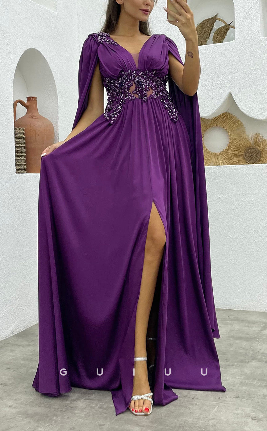 G3496 - Classic & Timeless A-Line V-Neck Straps Beaded Side Slit Floor-Length Ballgown Prom Dress