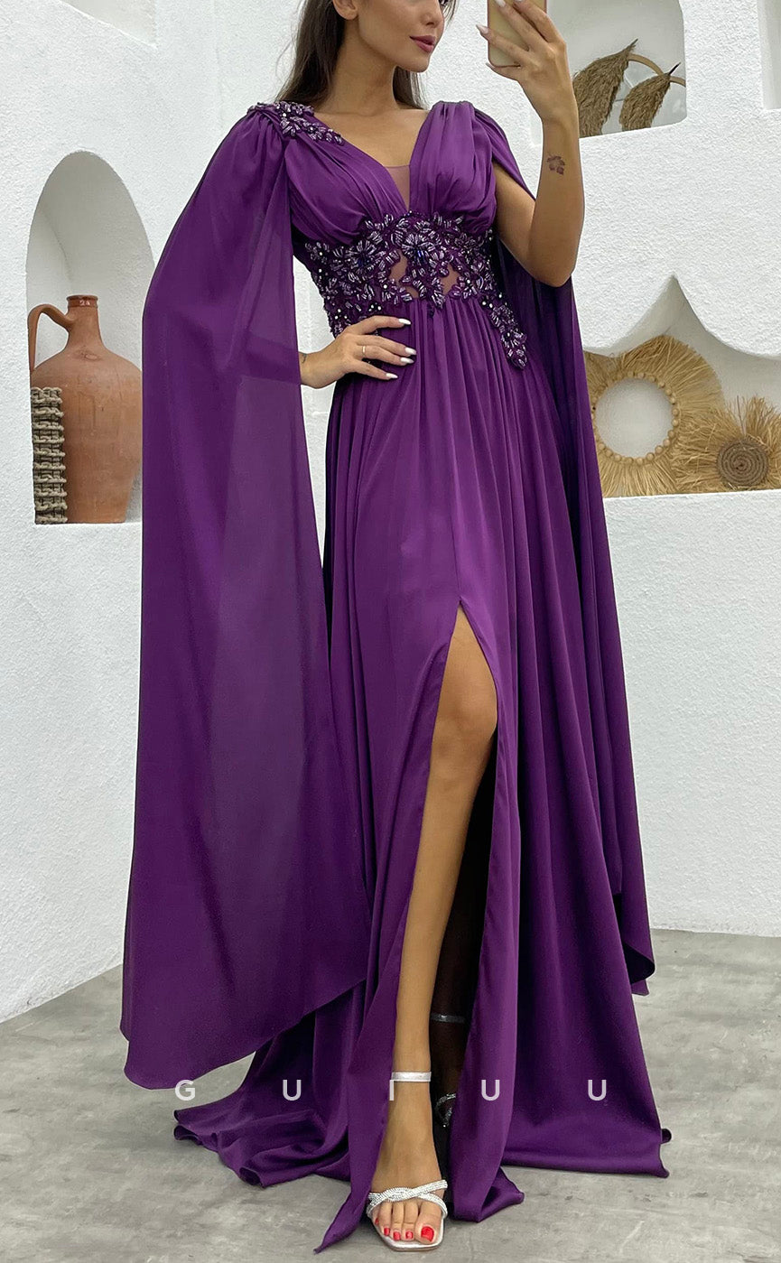 G3496 - Classic & Timeless A-Line V-Neck Straps Beaded Side Slit Floor-Length Ballgown Prom Dress