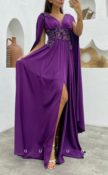 G3496 - Classic & Timeless A-Line V-Neck Straps Beaded Side Slit Floor-Length Ballgown Prom Dress