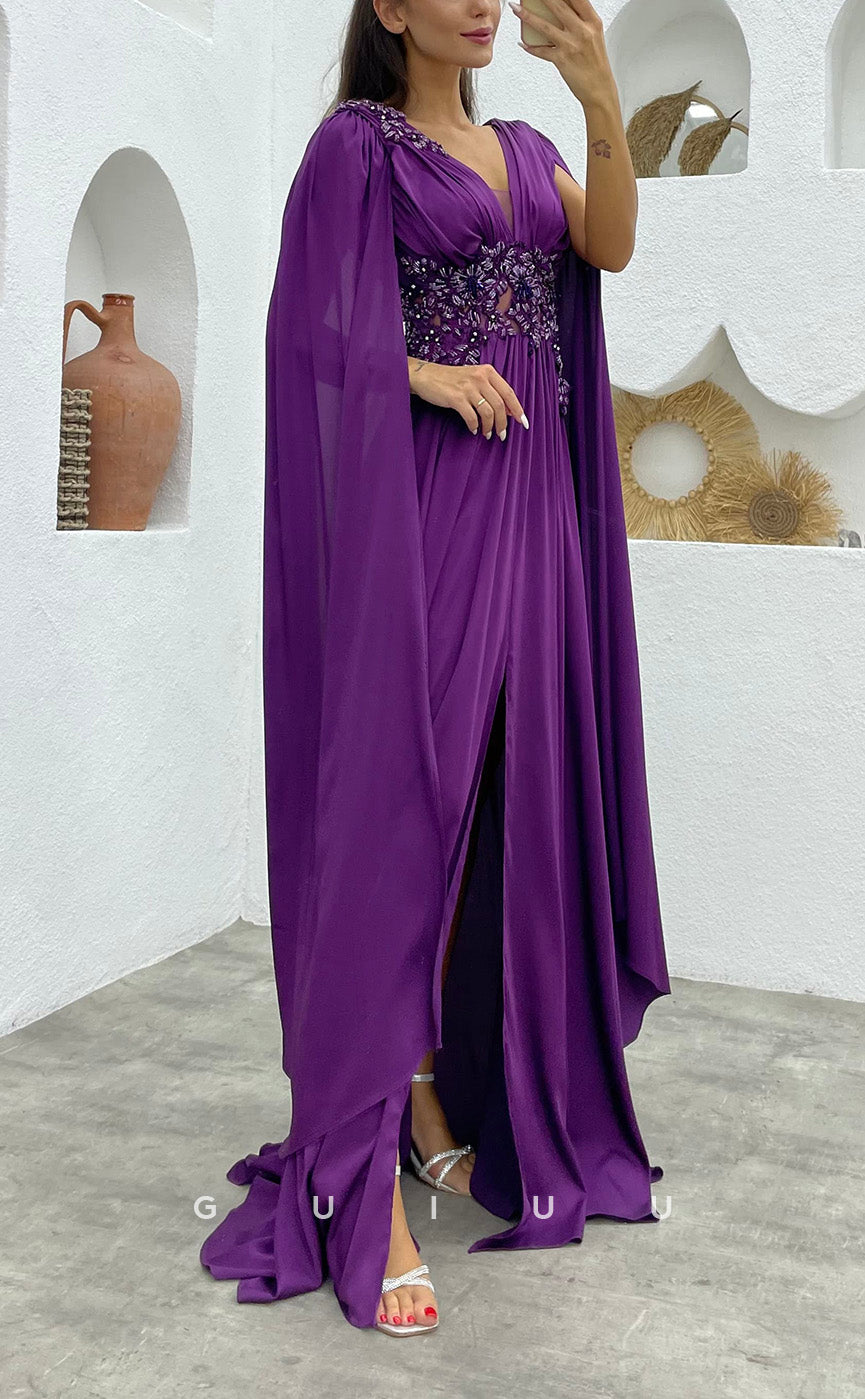 G3496 - Classic & Timeless A-Line V-Neck Straps Beaded Side Slit Floor-Length Ballgown Prom Dress