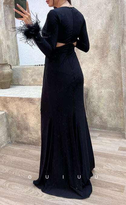G3500 - Sexy & Hot Sheath V-Neck Long Sleeves Feather Cut Outs Floor-Length Party Gown Prom Dress