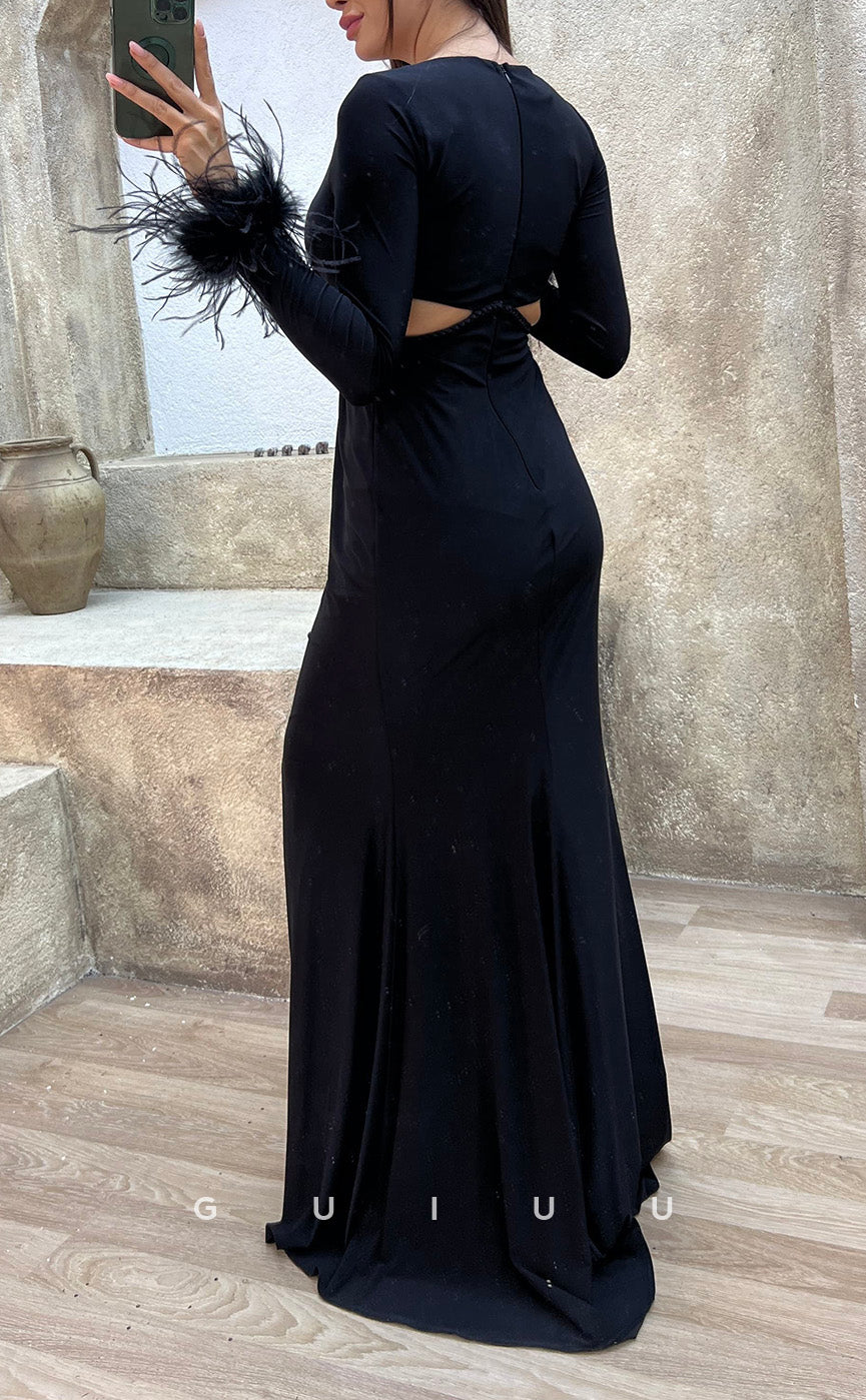 G3500 - Sexy & Hot Sheath V-Neck Long Sleeves Feather Cut Outs Floor-Length Party Gown Prom Dress