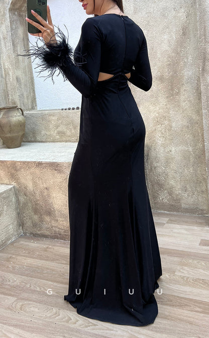 G3500 - Sexy & Hot Sheath V-Neck Long Sleeves Feather Cut Outs Floor-Length Party Gown Prom Dress