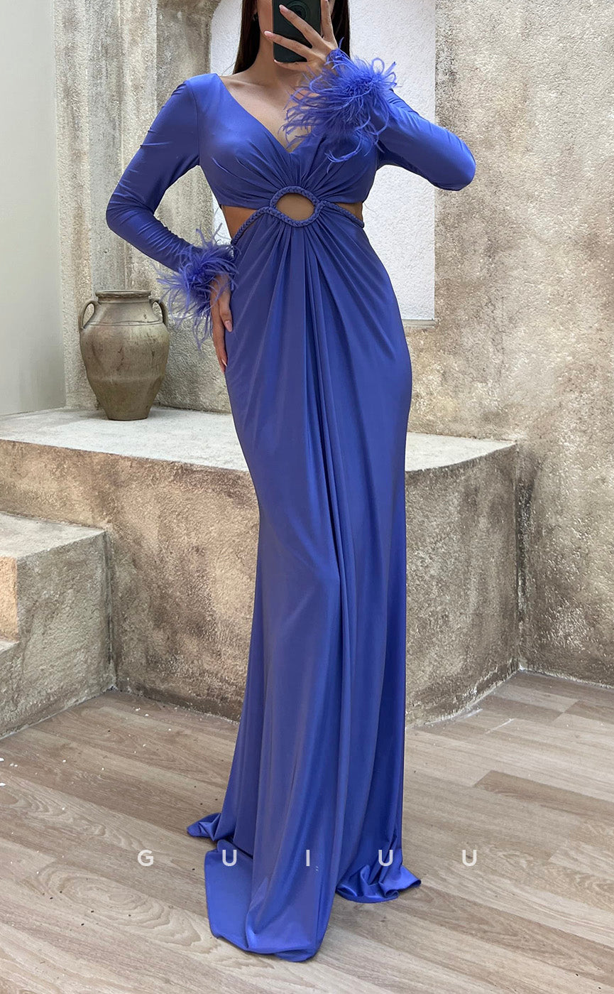 G3500 - Sexy & Hot Sheath V-Neck Long Sleeves Feather Cut Outs Floor-Length Party Gown Prom Dress
