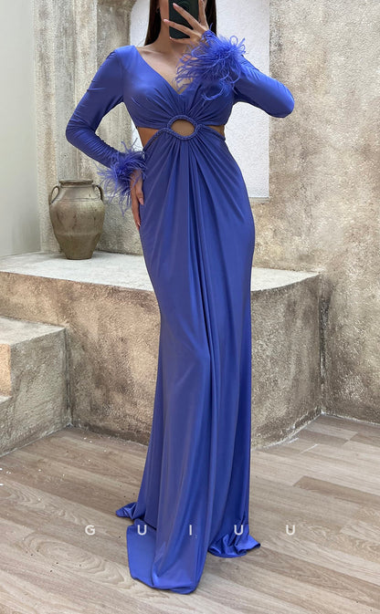 G3500 - Sexy & Hot Sheath V-Neck Long Sleeves Feather Cut Outs Floor-Length Party Gown Prom Dress