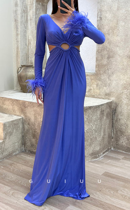 G3500 - Sexy & Hot Sheath V-Neck Long Sleeves Feather Cut Outs Floor-Length Party Gown Prom Dress