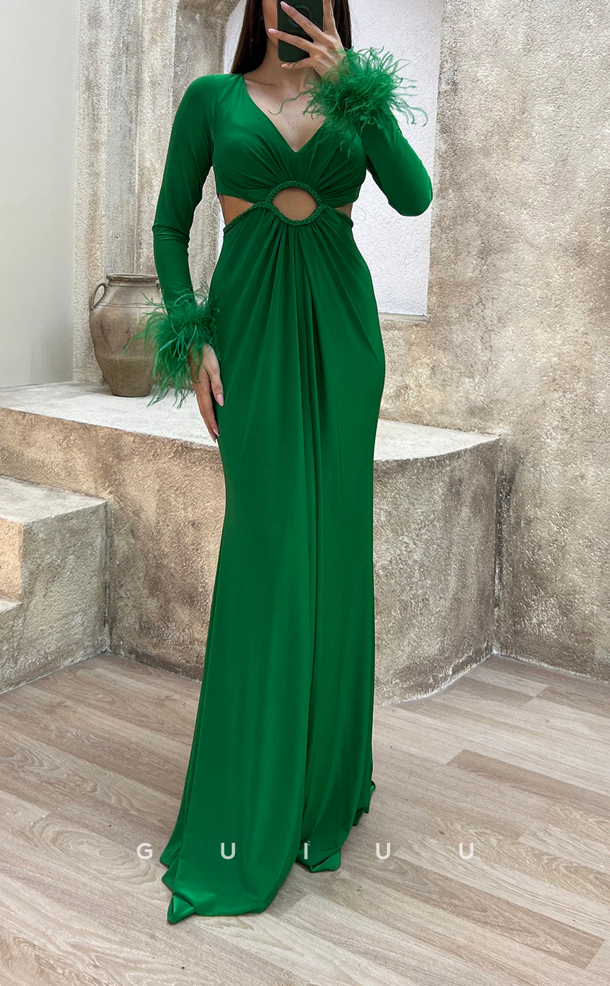 G3500 - Sexy & Hot Sheath V-Neck Long Sleeves Feather Cut Outs Floor-Length Party Gown Prom Dress