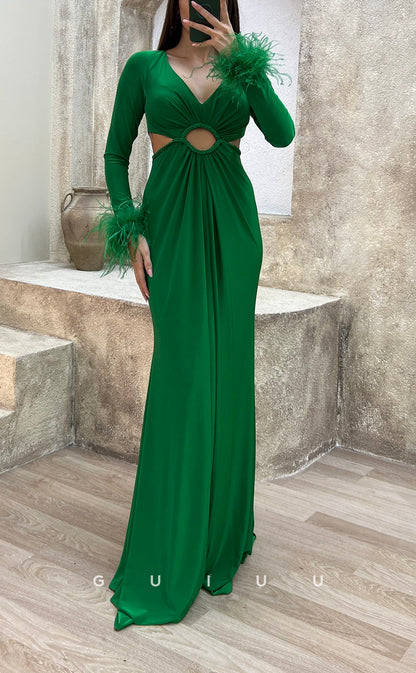 G3500 - Sexy & Hot Sheath V-Neck Long Sleeves Feather Cut Outs Floor-Length Party Gown Prom Dress