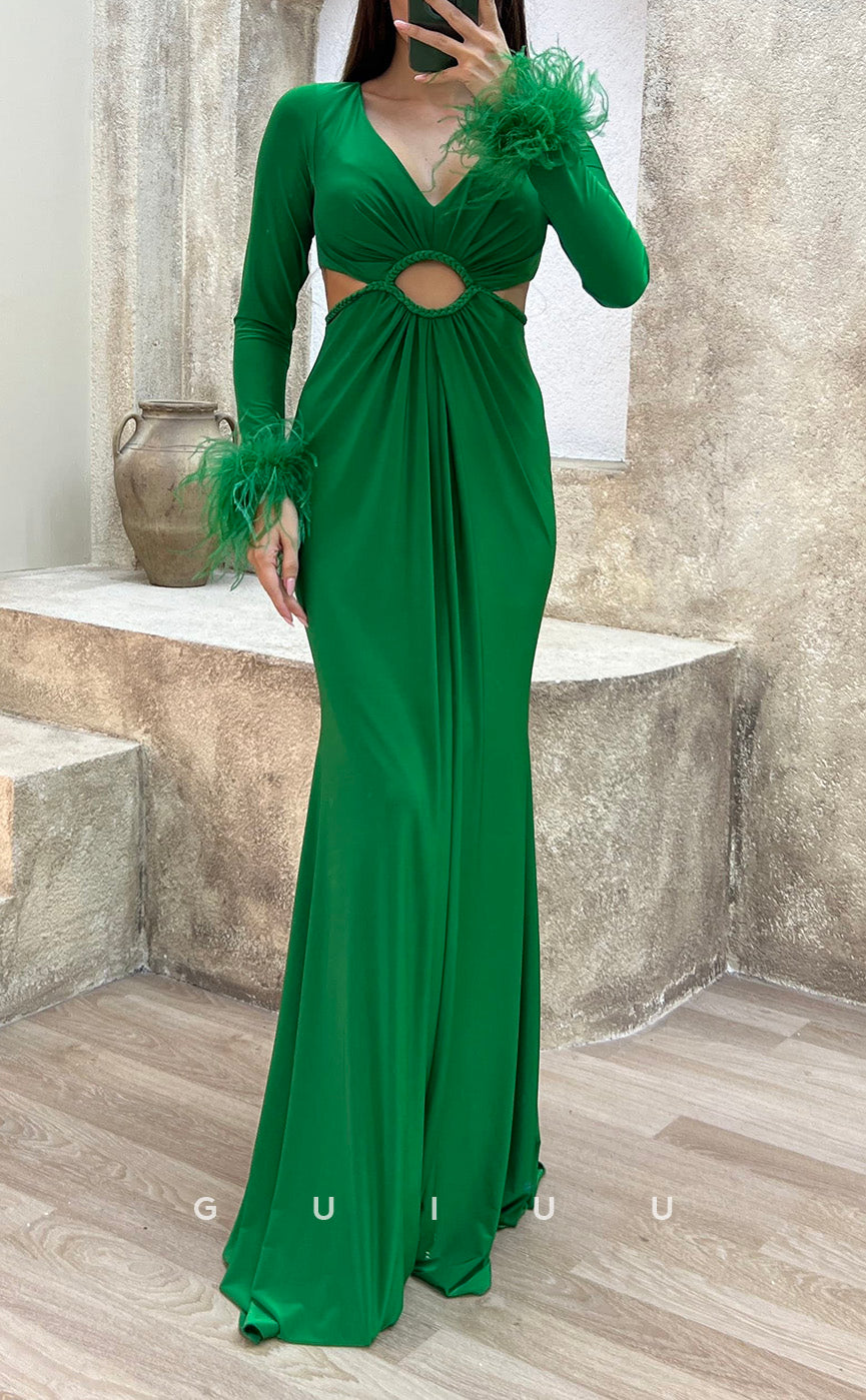 G3500 - Sexy & Hot Sheath V-Neck Long Sleeves Feather Cut Outs Floor-Length Party Gown Prom Dress
