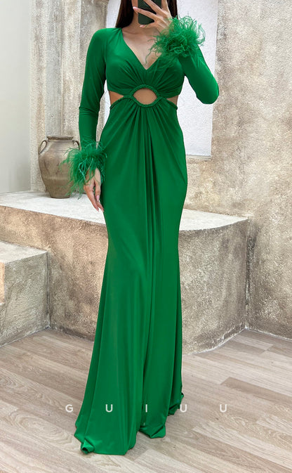 G3500 - Sexy & Hot Sheath V-Neck Long Sleeves Feather Cut Outs Floor-Length Party Gown Prom Dress