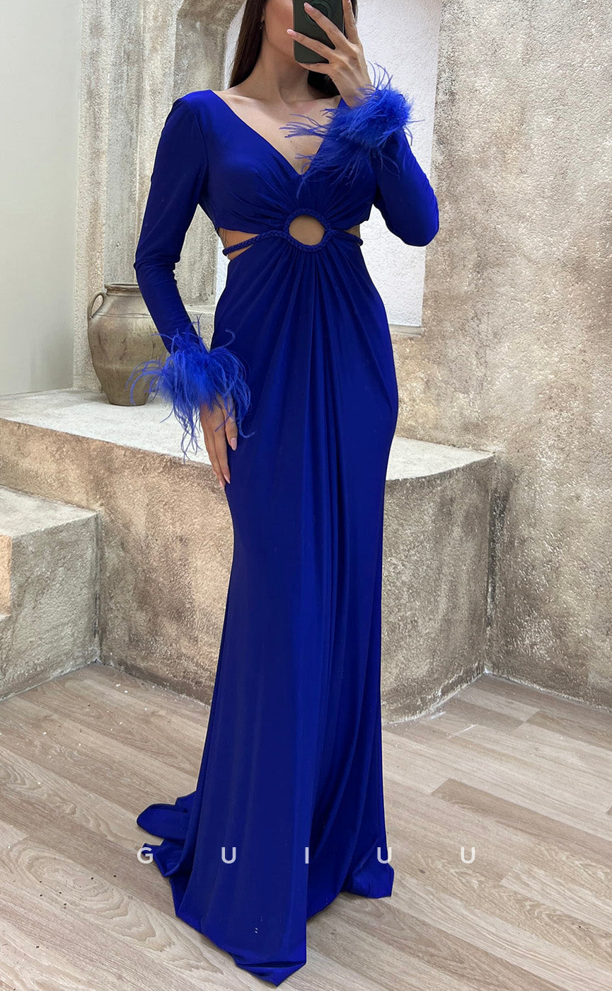 G3500 - Sexy & Hot Sheath V-Neck Long Sleeves Feather Cut Outs Floor-Length Party Gown Prom Dress