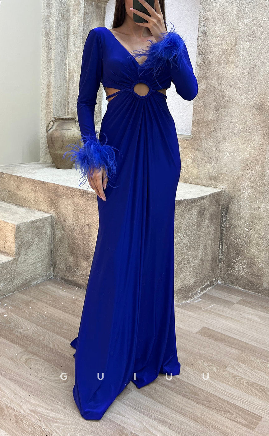 G3500 - Sexy & Hot Sheath V-Neck Long Sleeves Feather Cut Outs Floor-Length Party Gown Prom Dress