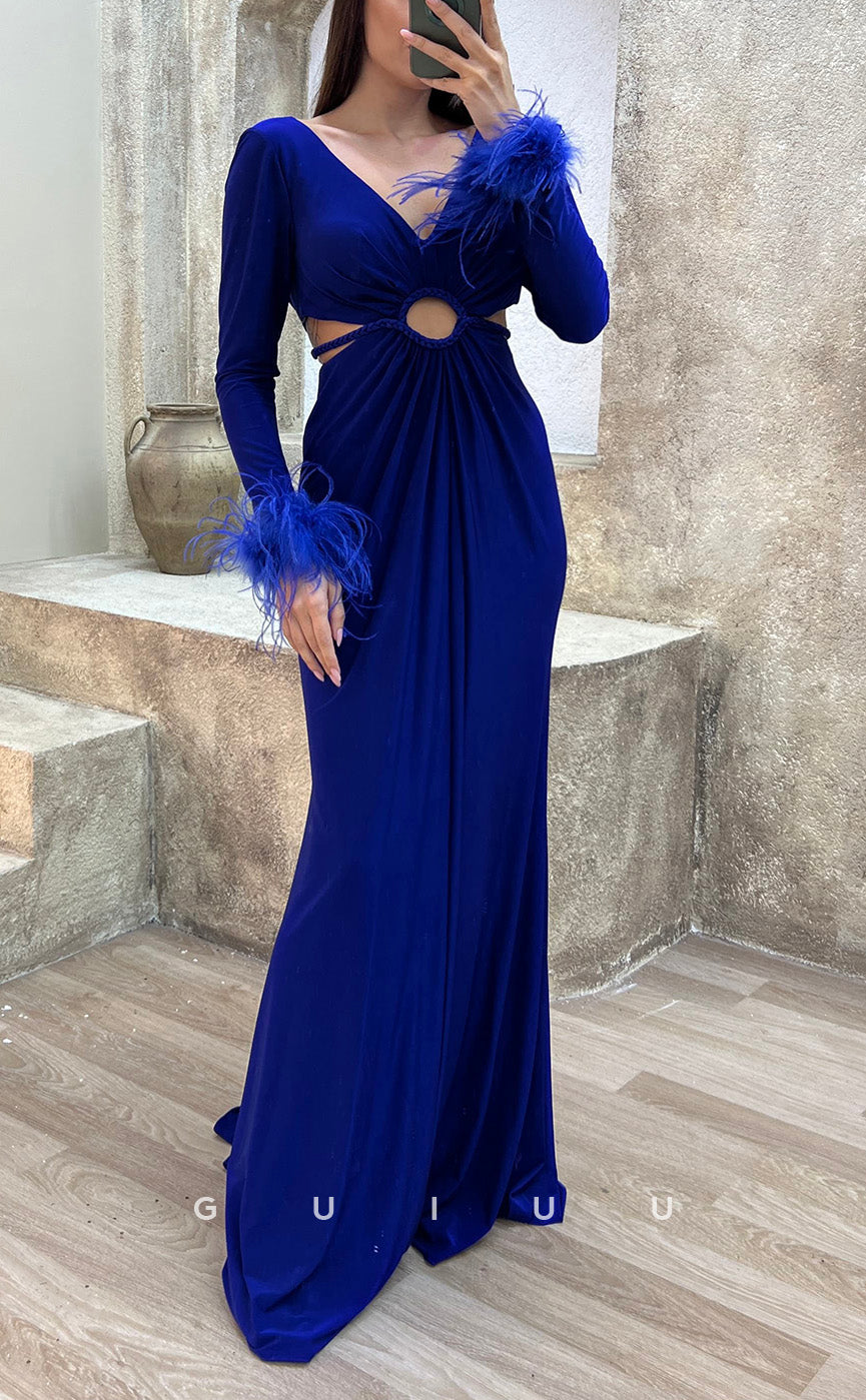 G3500 - Sexy & Hot Sheath V-Neck Long Sleeves Feather Cut Outs Floor-Length Party Gown Prom Dress