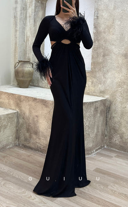 G3500 - Sexy & Hot Sheath V-Neck Long Sleeves Feather Cut Outs Floor-Length Party Gown Prom Dress
