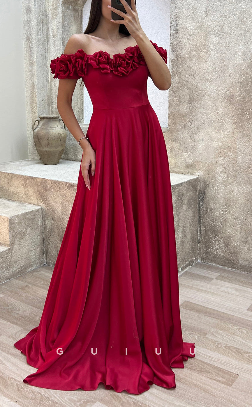 G3501 - Classic & Modern A-Line Off Shoulder Floral Embossed Draped Floor-Length Party Gown Prom Dress