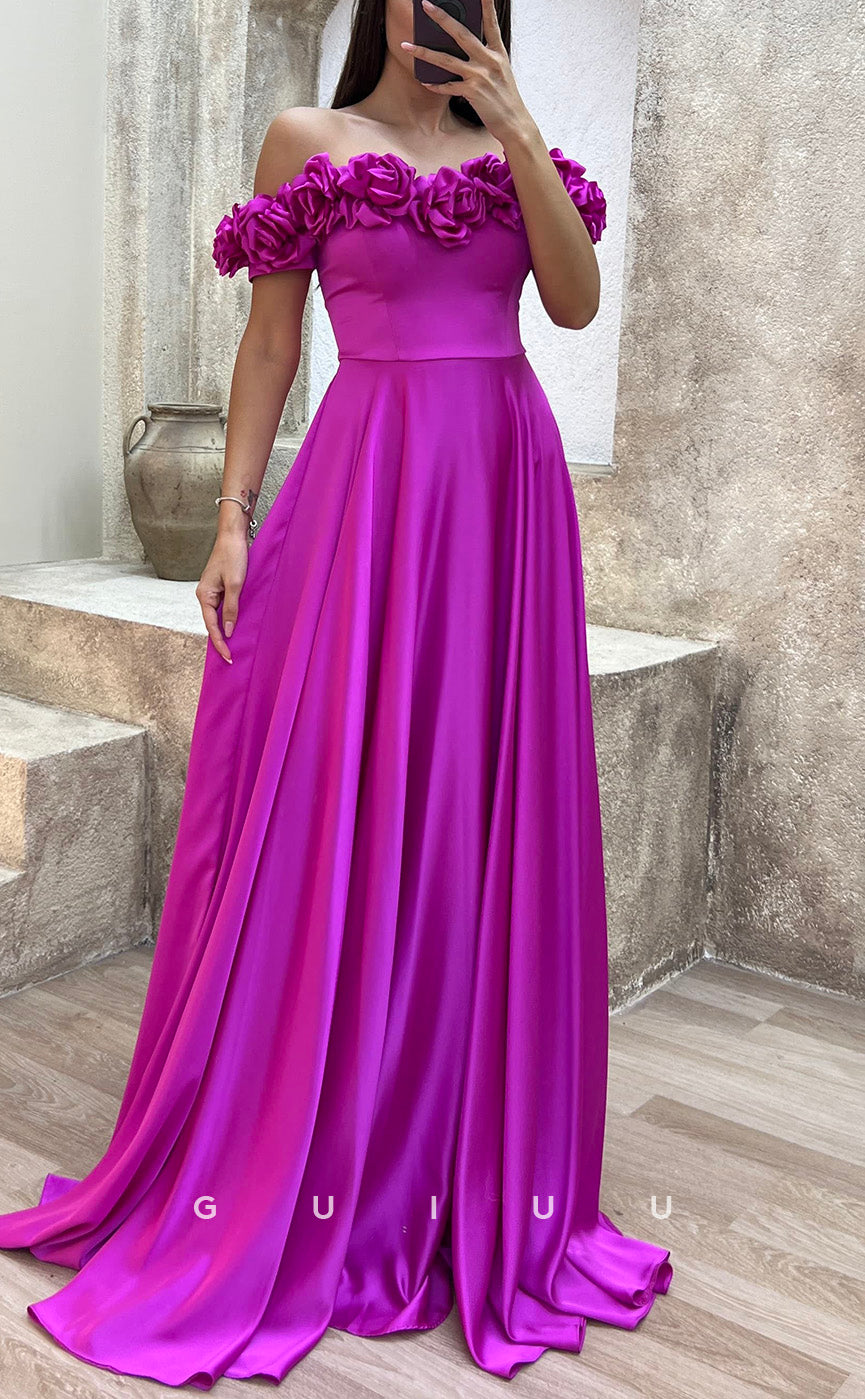 G3501 - Classic & Modern A-Line Off Shoulder Floral Embossed Draped Floor-Length Party Gown Prom Dress