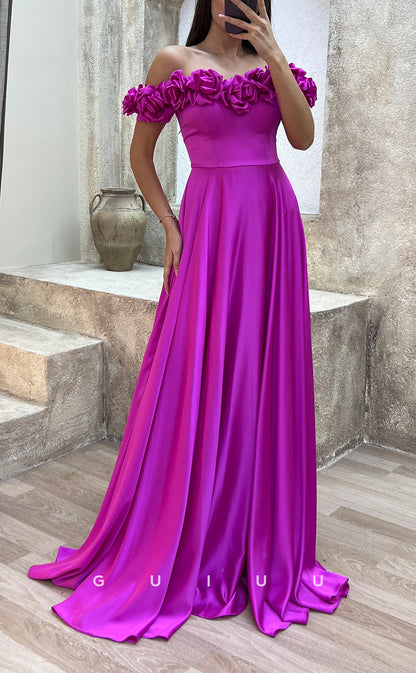 G3501 - Classic & Modern A-Line Off Shoulder Floral Embossed Draped Floor-Length Party Gown Prom Dress