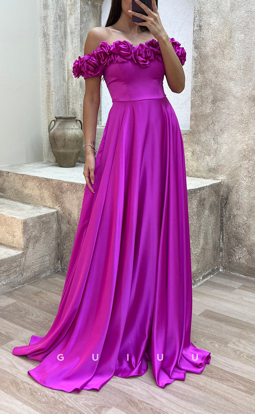 G3501 - Classic & Modern A-Line Off Shoulder Floral Embossed Draped Floor-Length Party Gown Prom Dress