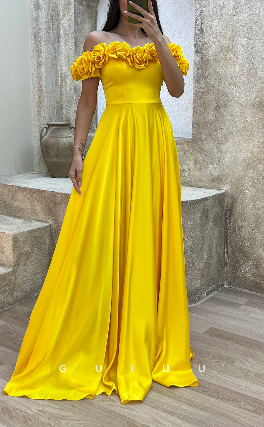 G3501 - Classic & Modern A-Line Off Shoulder Floral Embossed Draped Floor-Length Party Gown Prom Dress