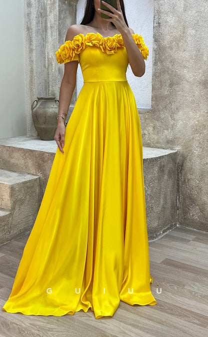 G3501 - Classic & Modern A-Line Off Shoulder Floral Embossed Draped Floor-Length Party Gown Prom Dress