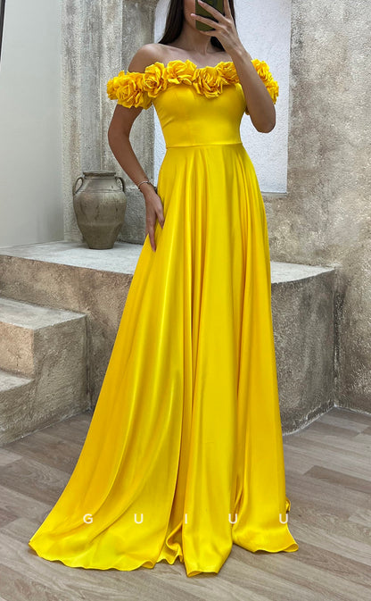 G3501 - Classic & Modern A-Line Off Shoulder Floral Embossed Draped Floor-Length Party Gown Prom Dress
