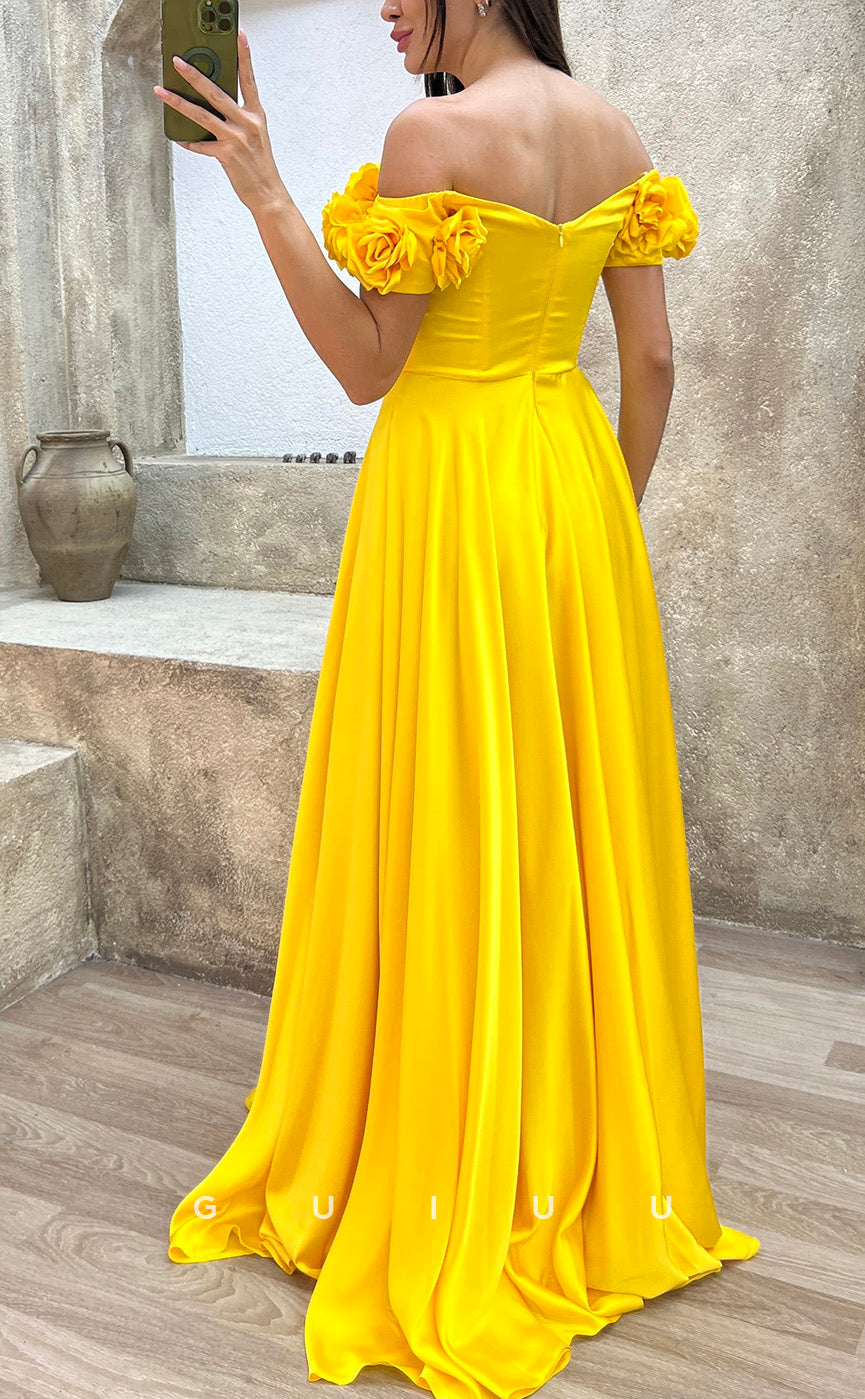 G3501 - Classic & Modern A-Line Off Shoulder Floral Embossed Draped Floor-Length Party Gown Prom Dress
