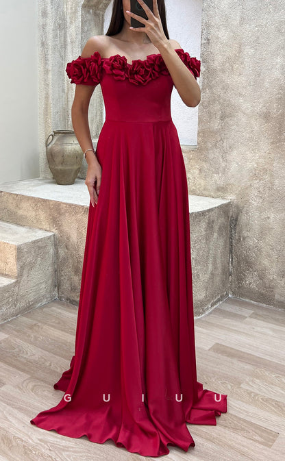 G3501 - Classic & Modern A-Line Off Shoulder Floral Embossed Draped Floor-Length Party Gown Prom Dress