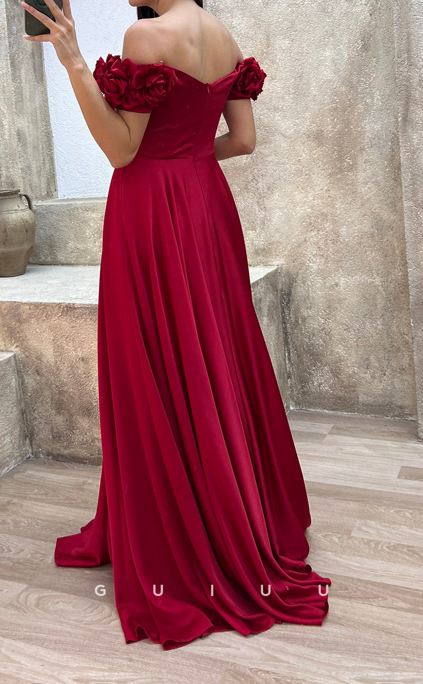 G3501 - Classic & Modern A-Line Off Shoulder Floral Embossed Draped Floor-Length Party Gown Prom Dress