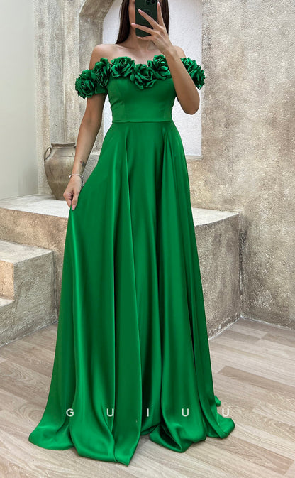 G3501 - Classic & Modern A-Line Off Shoulder Floral Embossed Draped Floor-Length Party Gown Prom Dress