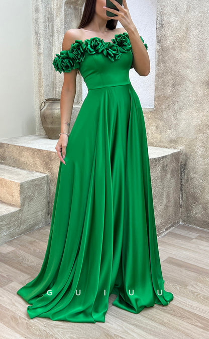 G3501 - Classic & Modern A-Line Off Shoulder Floral Embossed Draped Floor-Length Party Gown Prom Dress