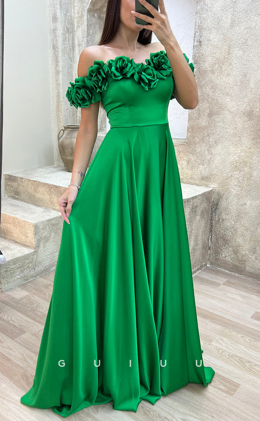 G3501 - Classic & Modern A-Line Off Shoulder Floral Embossed Draped Floor-Length Party Gown Prom Dress