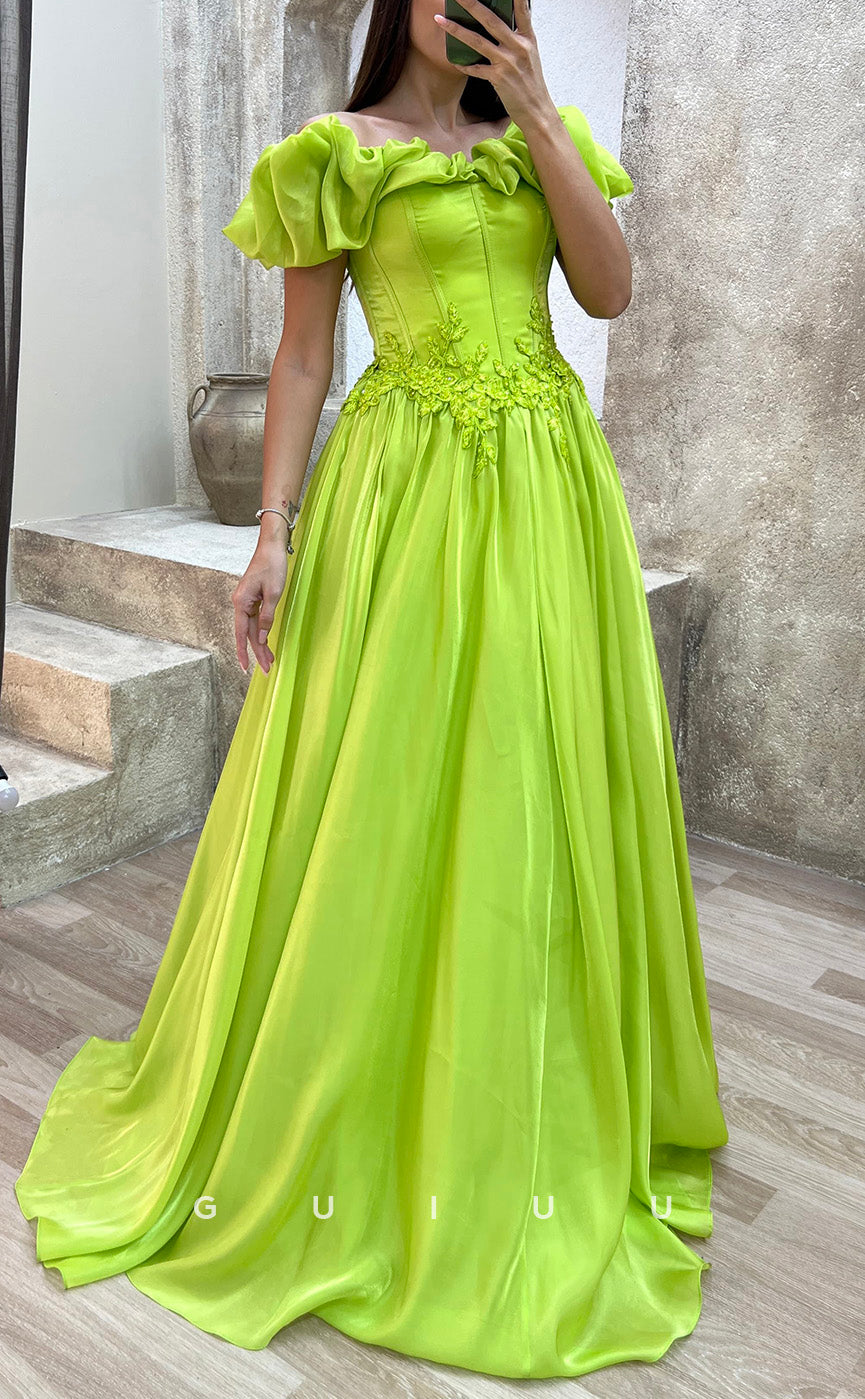 G3502 - Chic & Modern A-Line Off Shoulder Floral Embossed Embroidered Floor-Length Ballgown Prom Dress
