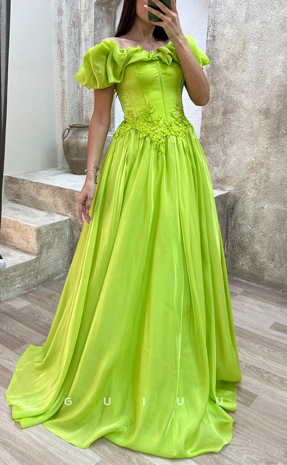 G3502 - Chic & Modern A-Line Off Shoulder Floral Embossed Embroidered Floor-Length Ballgown Prom Dress