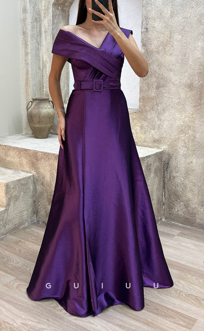 G3503 - Classic & Modern Asymmetrical Sash A-Line Satin Floor--Length Ballgown Prom Dress
