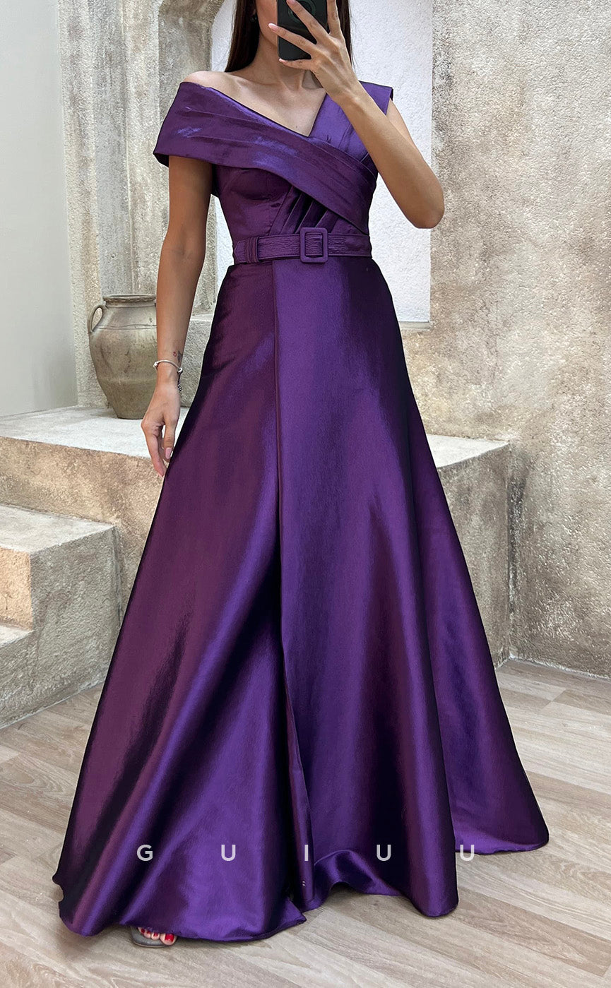 G3503 - Classic & Modern Asymmetrical Sash A-Line Satin Floor--Length Ballgown Prom Dress
