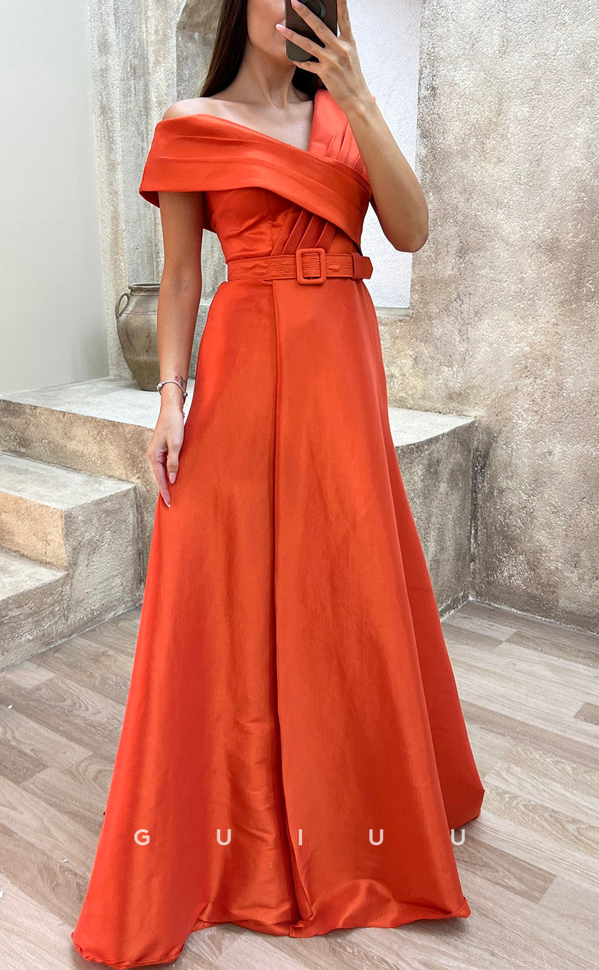 G3503 - Classic & Modern Asymmetrical Sash A-Line Satin Floor--Length Ballgown Prom Dress