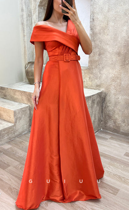 G3503 - Classic & Modern Asymmetrical Sash A-Line Satin Floor--Length Ballgown Prom Dress