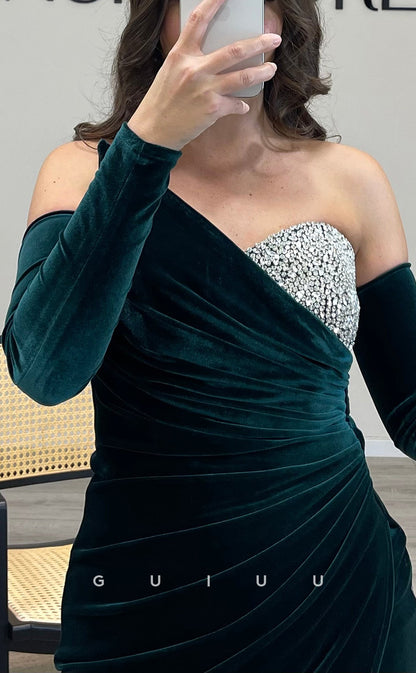 G3507 - Chic & Modern Sheath Asymmetrical Long Sleeves Beaded Side Slit Draped Floor-Length Party Gown Prom Dress