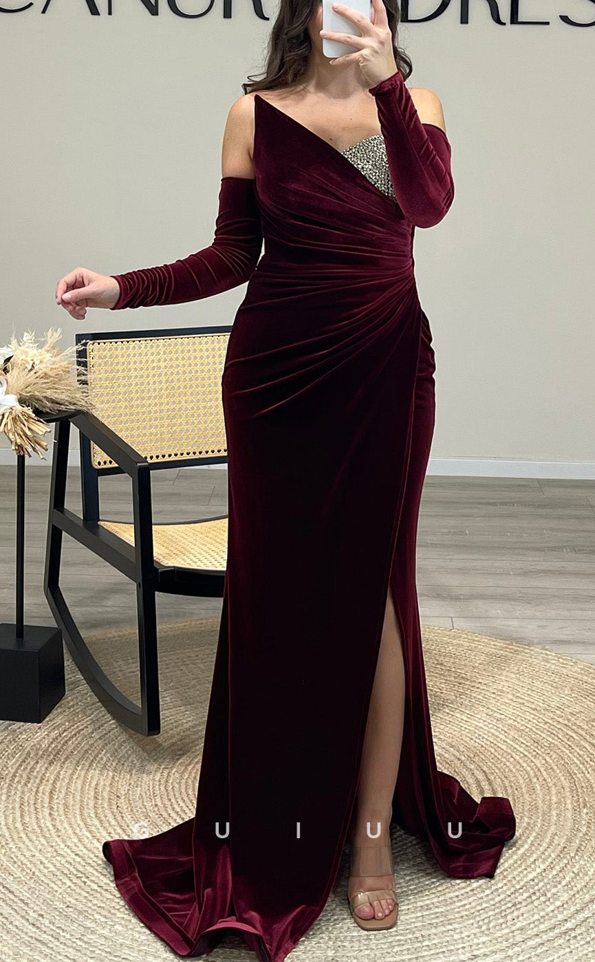 G3507 - Chic & Modern Sheath Asymmetrical Long Sleeves Beaded Side Slit Draped Floor-Length Party Gown Prom Dress