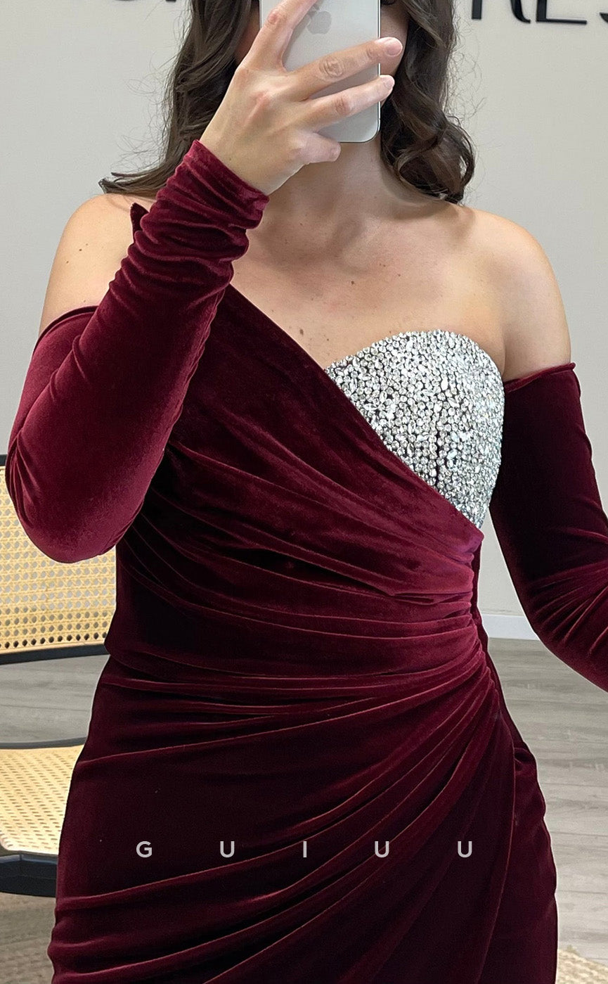 G3507 - Chic & Modern Sheath Asymmetrical Long Sleeves Beaded Side Slit Draped Floor-Length Party Gown Prom Dress