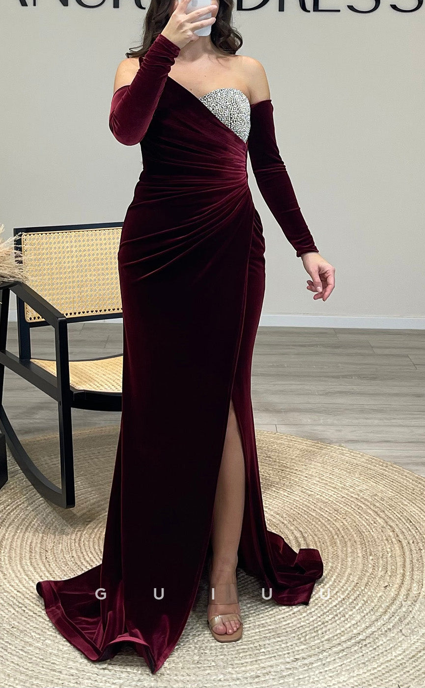 G3507 - Chic & Modern Sheath Asymmetrical Long Sleeves Beaded Side Slit Draped Floor-Length Party Gown Prom Dress