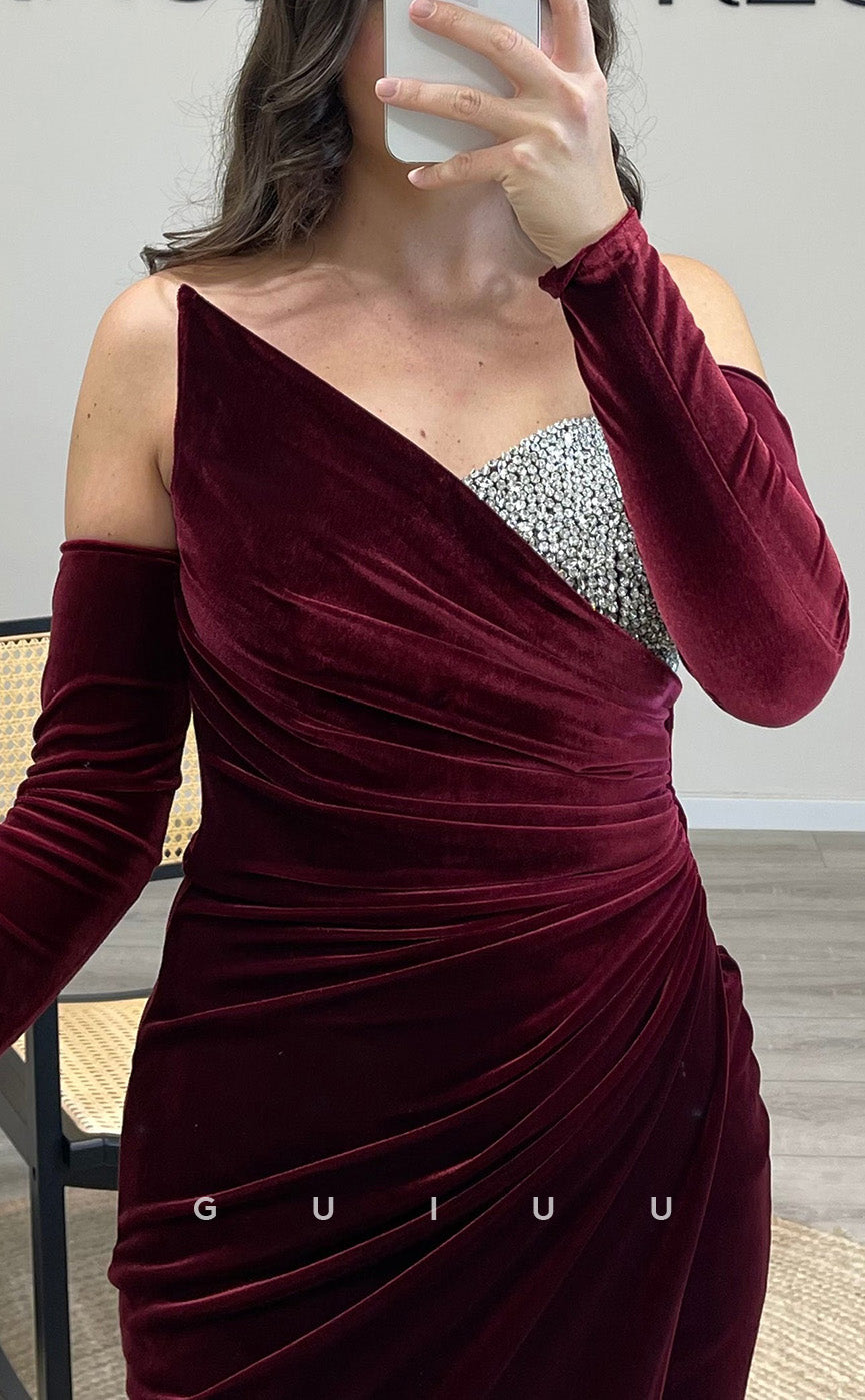 G3507 - Chic & Modern Sheath Asymmetrical Long Sleeves Beaded Side Slit Draped Floor-Length Party Gown Prom Dress