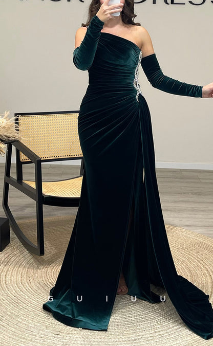 G3508 - Chic & Modern Sheath Asymmetrical Beaded Half Sleeves High Side Slit Floor-Length Party Gown Prom Dress