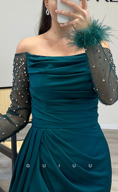 G3509 - Classic & Timeless Sheath Off Shoulder Long Beaded Sleeves Feather Draped Side Slit Ballgown Prom Dress With Sweep Train