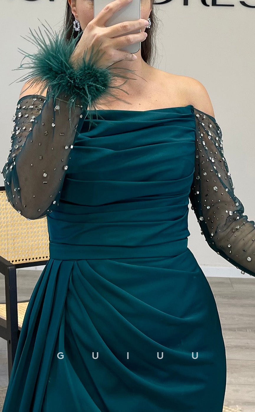 G3509 - Classic & Timeless Sheath Off Shoulder Long Beaded Sleeves Feather Draped Side Slit Ballgown Prom Dress With Sweep Train